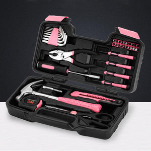 Pink 39 Piece DIY Household Home Hand Tool Set Kit Box With Hard Storage Case