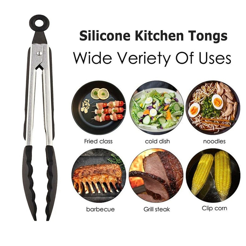 2Pcs Kitchen Silicone Tongs Barbecue Cooking Tongs